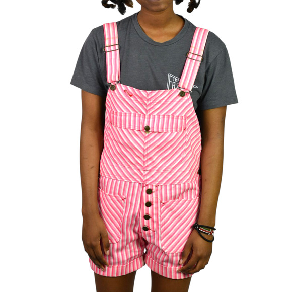 Vintage Mr Fly Bib Overalls Pink Stripe Button Denim Shortalls Shorts Cuffed XS - Picture 2 of 16